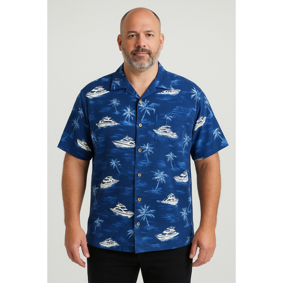 Men's Caribbean Silk Blend Button Down Shirt XL Blue Boat Palm Tree - Picture 1 of 9
